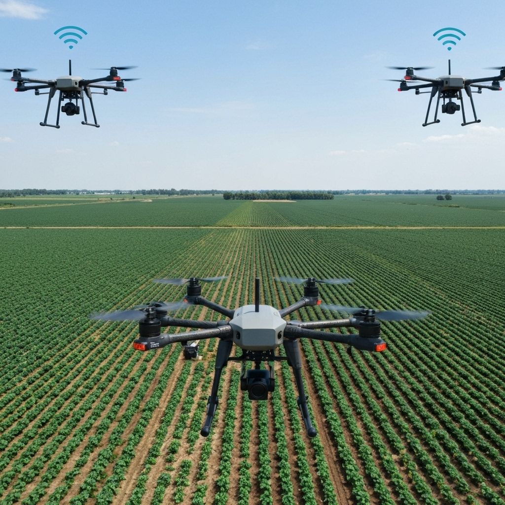 Aerial view of fields with AI analytics overlay